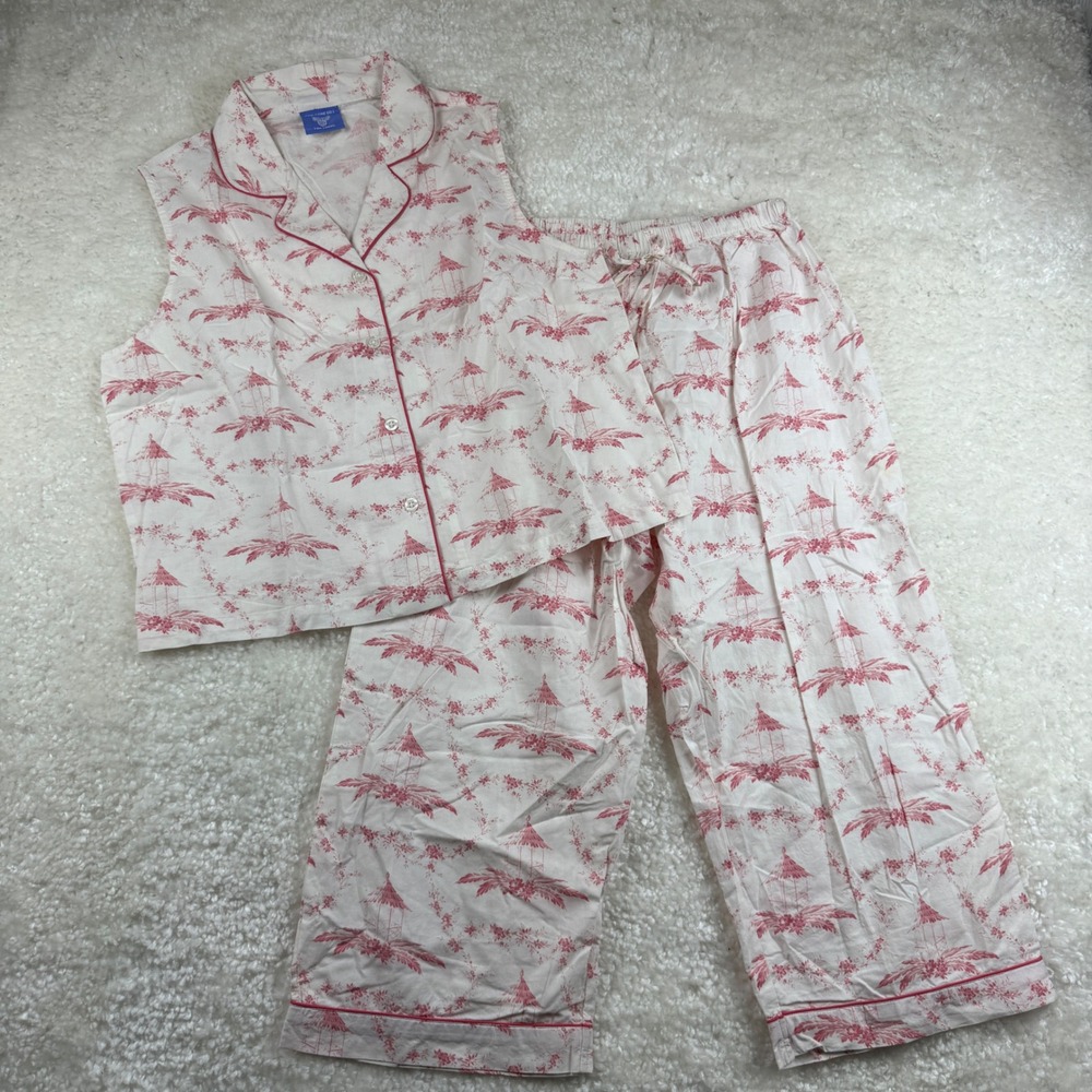 Pine Cone Hill Pajama Set Women Small Red White Toile Cotton Sleeveless Crop PJs
